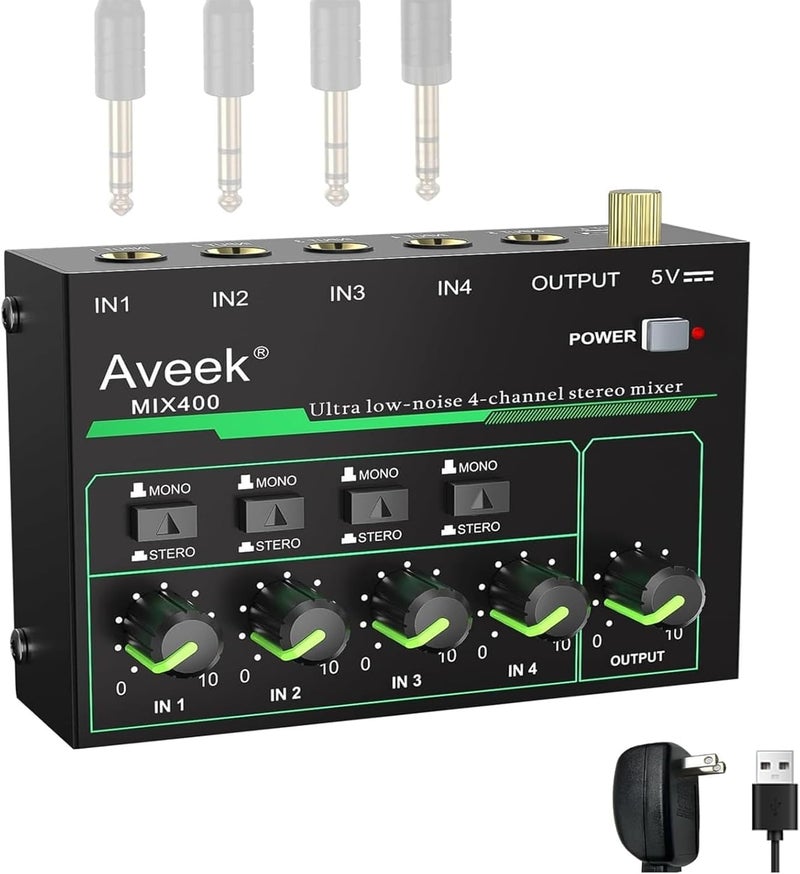 Aveek 4 Channel Mixer - Mini 4 Stereo Audio Mixer, Low-Noise for Precision Sub-Mixing,1/4" TRS Input/Output Ideal for Mics/Guitars/Bass/Stage - 3 x 4.4 x 1.3 inches - Image 1